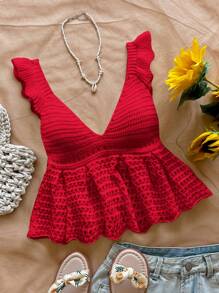 Soleia Women Solid Color Hollow Out Ruffle Hem & Cap Sleeve Knit Top,Going Out Top