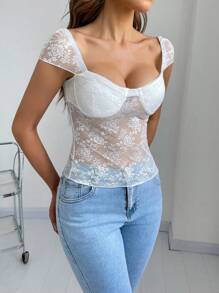 Glamine White Floral Summer Elegant Night Out Sheer Backless Lace Top,Holiday Party Birthday Date Night Crop Tops For Women, Fashion Tops - White - View 6
