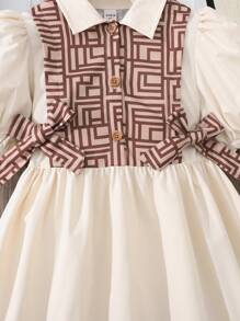 Tween-Mädchen Puffärmel Blumendruck Patchwork Lässiges Minikleid für den Alltag, vielseitig - Aprikosenfarben - Übersicht 3