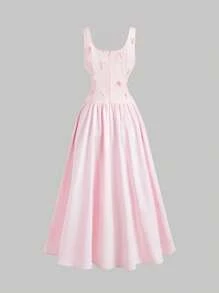 SHEIN MOD Vestido de vacaciones con decoración de flor 3D en color rosa, con tirantes de espagueti en unicolor, moda para el verano