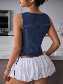 SHEIN EZwear 女士休闲无袖牛仔夹克，带蝴蝶结装饰，夏季 - 藍色 - 查看 2