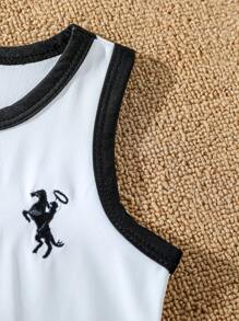 SHEIN 4pcs Baby Boy Set: Embroidered Sleeveless Top And Sports Shorts, Sports Style, Suitable For Summer Baby Clothes Set Boy Baby Sets Boy Clothes Set Boy Baby Clothes Baby Boys Sets Brand Baby Clothes Unisex Baby Clothes Neutral Bermuda Shorts 6M-3T, Infant Outfit Sets Boys Outfit Sets Summer Boy Clothes For Kids 3t Boy Clothes For Toddlers Kids Boys Clothing Summer Clothes For Boy - Black and White - View 4