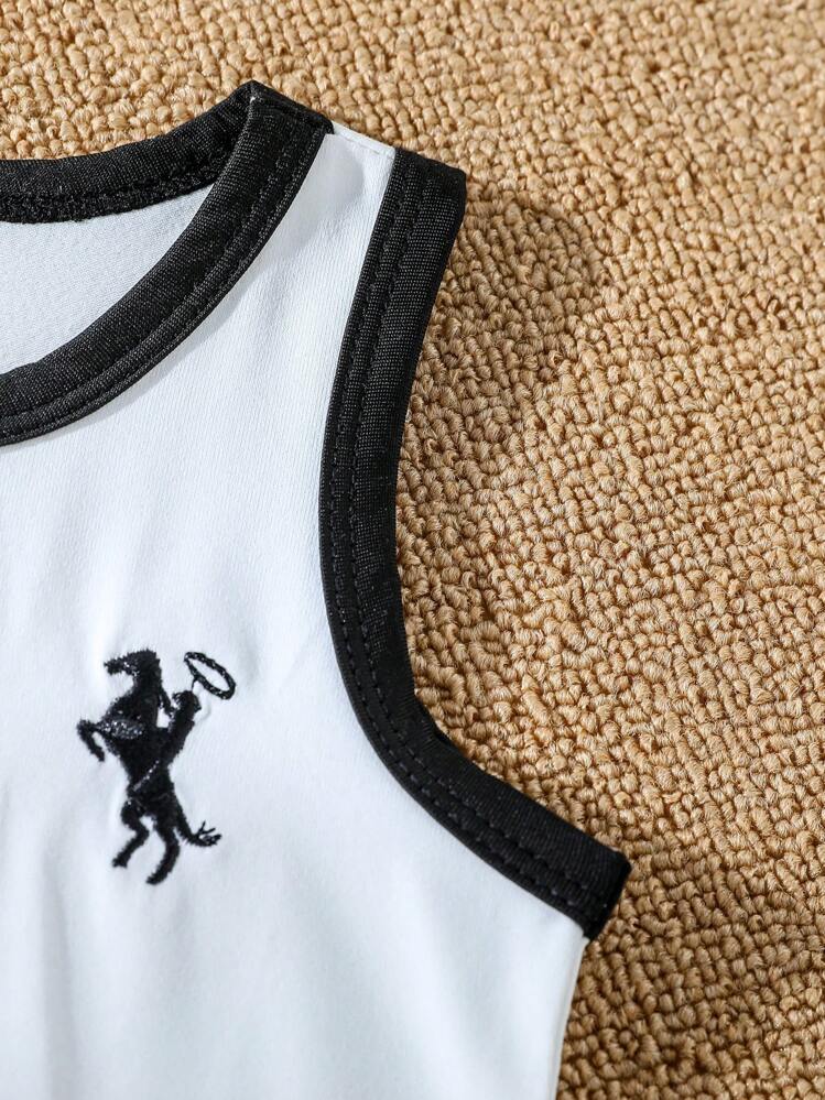 SHEIN Conjunto de 4 piezas para bebé niño: Top sin mangas bordado y pantalones cortos deportivos, estilo deportivo, adecuado para ropa de verano para bebé. Conjunto de ropa para bebé niño. Conjunto de ropa para bebé. Ropa para bebé niño. Conjuntos de ropa para bebé. Marca de ropa para bebé. Ropa unisex para bebé. Bermudas neutras 6M-3T, Conjuntos de ropa para bebé niño. Ropa de verano para niños de 3 años. Ropa de verano para niños - Blanco y Negro - Añade 4