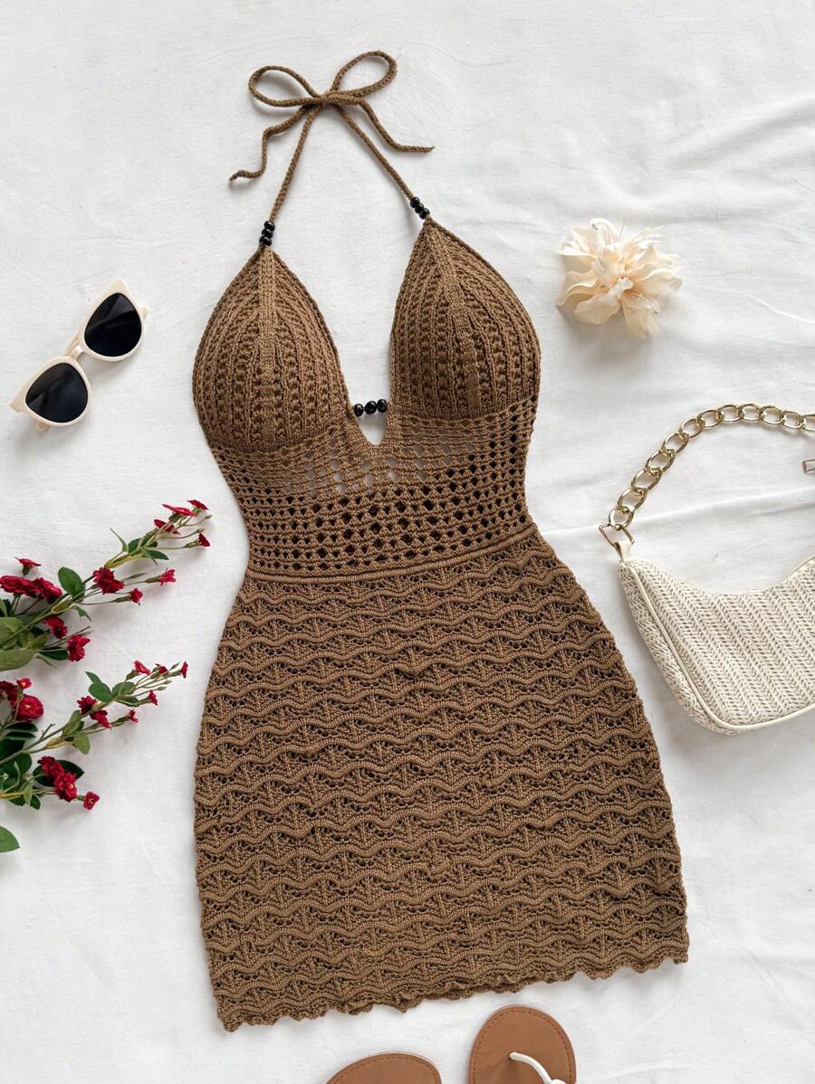 Soleia Sexy, tailliertes Midikleid mit V-Ausschnitt und Ausschnitt und Perlen, rückenfreies Strickkleid aus Spaghettiträgern für Strandurlaub, Dates, Nachmittagstee, Feiertage und Musikfestivals. Boho