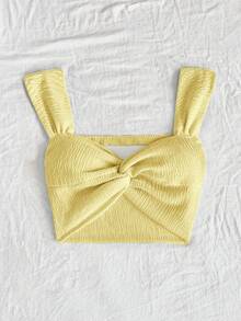 Soleia 女士蓝色针织金属线扭纹前部甜心领露背短款度假上衣 - 芥末黃 - 查看 4