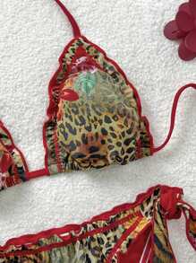Soleia Set bikini de plajă vintage colorat cu imprimeu leopard, zebră și floral, cu volane, cu ciucuri și legături - Multicolor - Vizualizare 3
