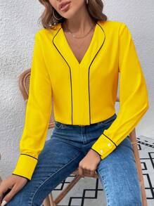 SHEIN LUNE 女士优雅撞色镶边 V 领长袖衬衫，适合日常和派对穿着