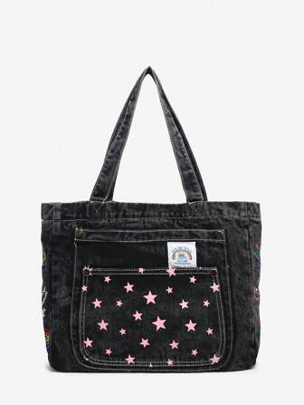 Grunge Punk Bolso de lona con estampado de estrella vintage desgastado de estilo Y2K con gran capacidad para mujeres