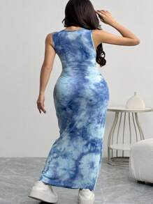 SHEIN EZwear 女士修身扎染印花紧身长裙，夏季 - 藍色 - 查看 2