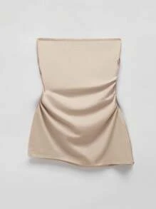 SHEIN EZwear Plus Size Black Pleated Slit Strapless Knit Stretch Top - Brown - View 7