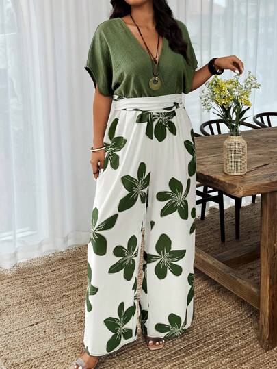 EMERY ROSE Damen Große Größen Jumpsuit mit Blume Muster, V-Ausschnitt, Fledermausärmeln und weitem Bein