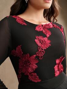 Anewsta Áo cánh mới cho mùa xuân/hè cỡ lớn, áo dài tay cổ tròn thêu hoa thanh lịch, thích hợp cho ngày lễ tình nhân, đêm hẹn hò, kỳ nghỉ ở bãi biển - Đỏ và đen - Xem 6