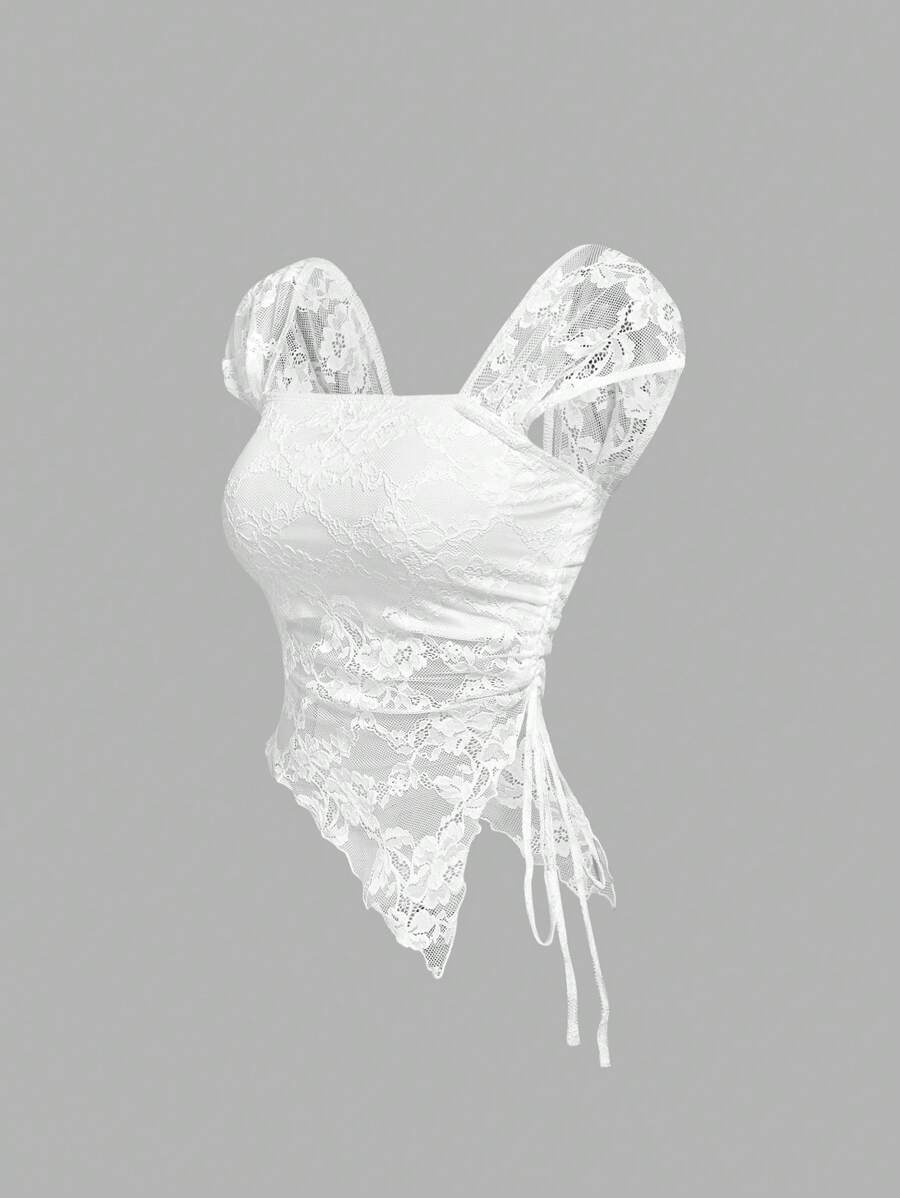 SHEIN MOD 休闲不对称荷叶边白色蕾丝、狂欢、毕业、浪漫、夏季、节日、乡村服装、海滩度假装、茶会、端庄、舞会上衣 - 白色 - 查看 1