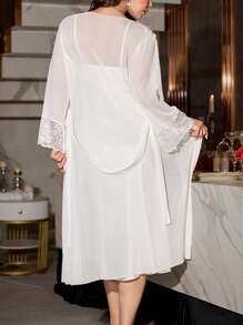 SilkySpell 女士优雅缎面蕾丝长袍睡袍套装 - 白色 - 查看 2