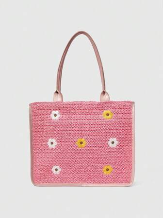 Kawaii Bolso de tela grande con estampado floral de margaritas para mujer