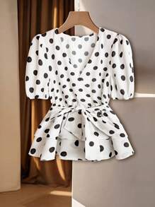 Franclia Casual V-Neck Large Polka Dot Layered Ruffle Hem With Belt Women Blouse Top - Multicolor - View 3