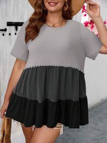 SHEIN VCAY 女士加大码撞色蕾丝边短袖宽松T恤，夏季休闲装