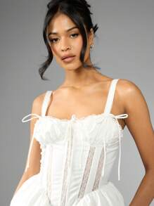 MISSGUIDED Corset Mini Dress Summer Poplin Lace Panel Empire Waist Skater Flare Wedding Guest Reception Bridal Shower Party Sweetheart Neckline - White - View 4