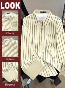 Chiquease 标准尺寸女士优雅情人节领条纹口袋装饰直袖休闲宽松衬衫