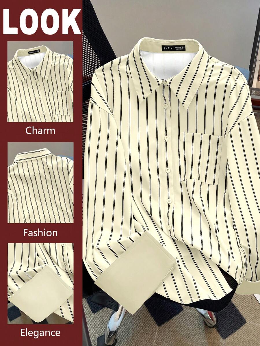 Chiquease 标准尺寸女士优雅情人节领条纹口袋装饰直袖休闲宽松衬衫