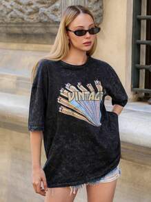 RueChic Tricou casual cu mânecă scurtă, culoare solidă, guler rotund, stil relaxare, croială lejeră, contrast frontal, sezonier, vintage, cu grafică, spălat cu acid