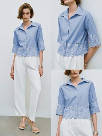 Lumivelle Damen Urlaubs 3/4 Ärmel Einzelknopf Burnout Stickerei locker sitzende Bluse