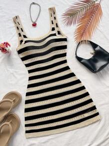 Soleia 春夏休闲杏色和黑色拼色条纹镂空露肩针织连衣裙，适合派对、约会、海滩、游轮、度假、音乐节、波西米亚风假期、下午茶