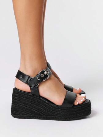 Goth Women's Fashion Black Punk Style Wedge Sandals, Summer Roman Strap Metal Buckle Waterproof Platform Thick Bottom High Heel Open Toe Shoes