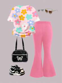 SHEIN 2 件套青少年女孩休闲多巴胺花朵印花宽松短袖 T 恤和喇叭裤套装，适合夏季 - 彩色 - 查看 2