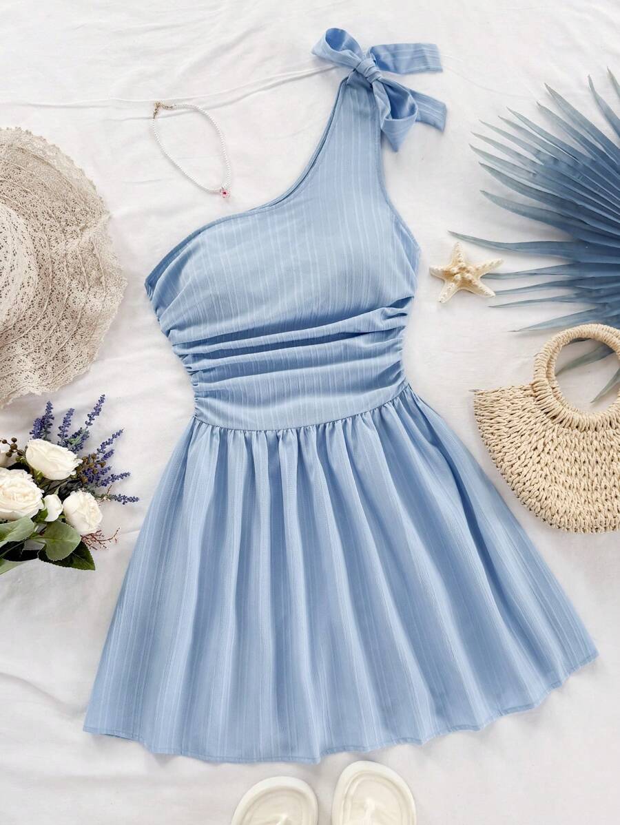 Soleia 女式夏季条纹荷叶边褶皱单肩迷你连衣裙