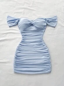 Soleia 女士度假针织网眼露肩紧身连衣裙 - 淺藍色 - 查看 3