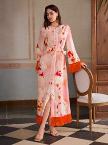 ZEYLAH Women's Linen Floral Print Robe With Open Front, Tassel Belt, Resort & Vacation Wear, Spring/Summer - Orange - View 6