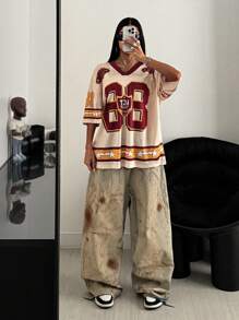 Coolane 女式夏季 Y2K Blockcore 运动休闲 Gyaru 比赛日数字图案超大 V 领针织 T 恤