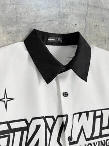 AXEPEAK 男士数码印花宽松短袖梭织衬衫，适合夏季，街头潮流必备 - 白色 - 查看 4