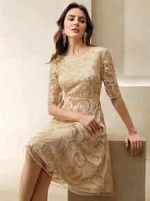 Anewsta 女士优雅约会之夜刺绣亮片中袖束腰连衣裙，春夏季，节日，毕业典礼 - 金色 - 查看 4