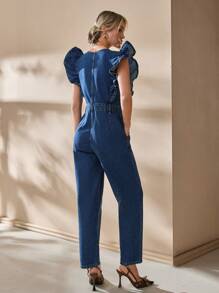 CLARA VERO 100%Cotton Ruffle Trim Button Front Denim Jumpsuit - Medium Wash - View 2