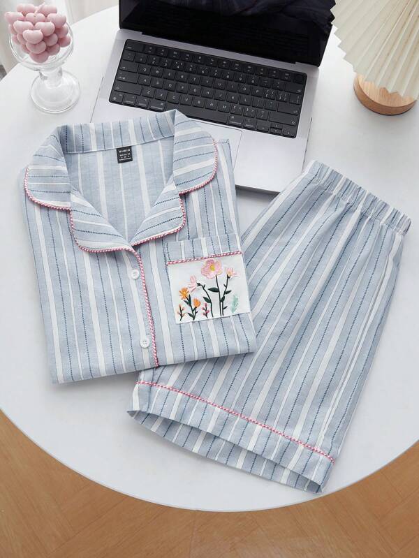 2 buc. Top pentru femei, din bumbac moale, albastru și alb, cu dungi, cu broderie florală, cardigan clasic cu guler și mânecă scurtă, set de pantaloni scurți, pijamale, pijama de noapte din bumbac pentru femei, pijama de vacanță