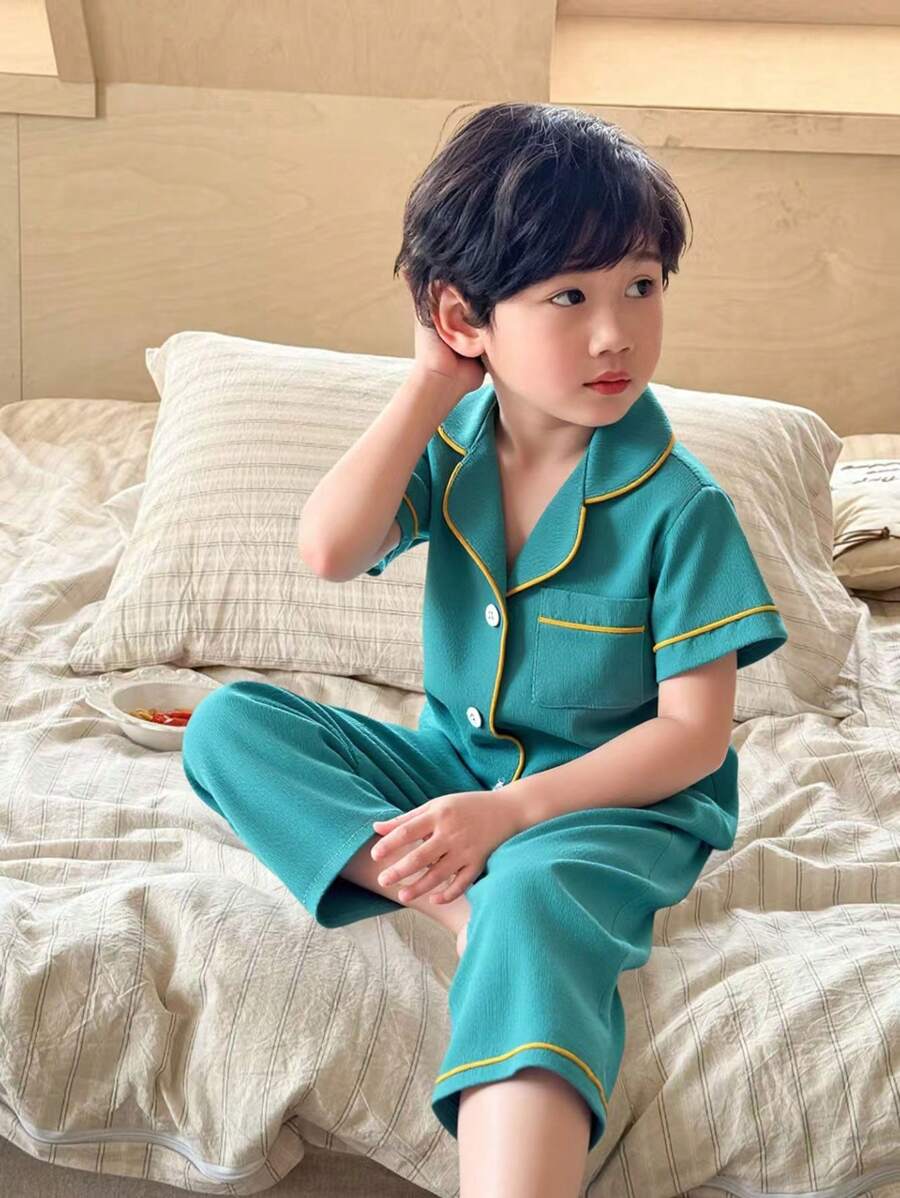 2pcs Boys' Pajama Set, Lake Blue And Yellow Color Block Simple Lapel Short Sleeve Shirt And Long Pants, Woven Fabric - Blue - View 1