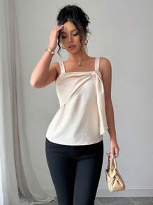 Elenzga Summer Casual Solid Color Tie-Knot Strap Camisole For Women - Khaki - View 6