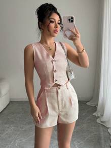 SHEIN PETITE 2025新款女士休闲背心短裤两件套 - 粉色 - 查看 5