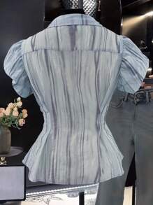 SHEIN Áo sơ mi sọc xanh nhạt đơn giản tay ngắn cho nữ - Màu xanh nhạt - Xem 2