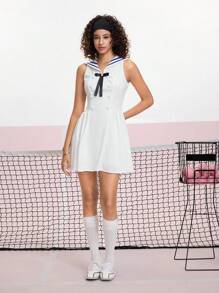 SHEIN MOD White Peter Pan Collar Bowknot Decor A-Line Dress - White - View 3