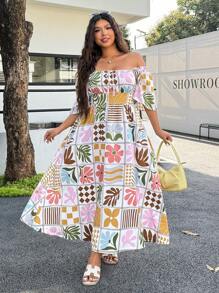 SHEIN EZwear Plus Size Summer Plant & Floral Print Casual Doll Sleeve Ruffle Hem Tie-Waist A-Line Dress - Multicolor - View 9