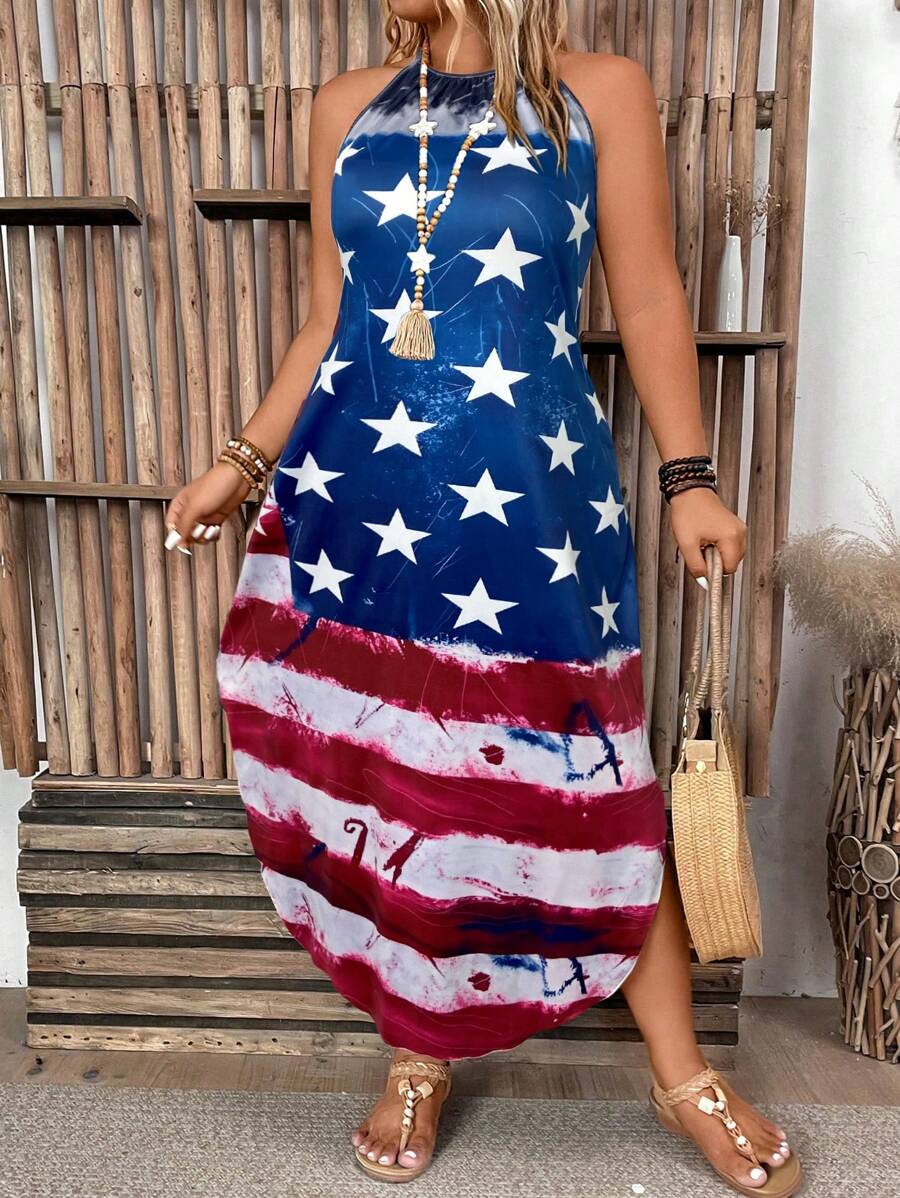 SHEIN LUNE 加大码女式无袖美国国旗和星条印花超长沙滩裙。适合夏季女士休闲度假装，女士夏季服装 - 彩色 - 查看 1