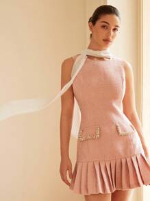 GENKIRA Beaded Chain Decor Ruffle Collar Chiffon Tie Waist Ruched Hem Fitted Mini Dress For Women,Pink And White,Summer,Ellegant,Tea Party,Old Money Style - Baby Pink - View 5