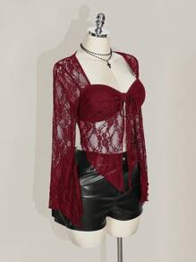 SHEIN ICON 加大码方领蕾丝喇叭袖前系带性感衬衫 - 酒紅色 - 查看 5