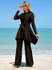 Swim Mulvari 2 pièces Ensemble de maillot de bain modeste pour femmes de couleur noire, Top à manches longues avec protection solaire col rond et bas avec taille nouée, pantalon long, convient pour les vacances