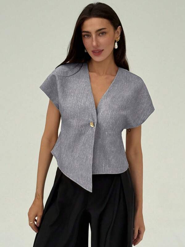 Aloruh Women's Single Button Casual Loose Asymmetrical Short Sleeve Shirt