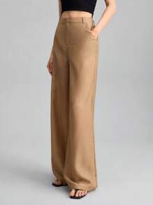 Ontre 女士棕色丝绸混纺半透明轻薄夏季阔腿宽松休闲裤，都市时尚时尚裤子，适合教师