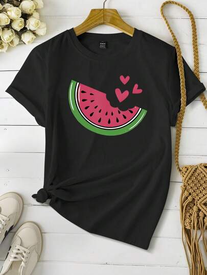 Cute Summer T-Shirt, Fashion Watermelon Slice Heart Print T-Shirt, Fruit Graphic Tee, For Watermelon Lovers, Women Casual Round Neck Short Sleeve Top